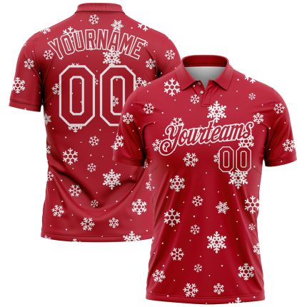 Personalized Red White 3D Christmas Snowflakes Performance Golf Polo Shirt Team Custom Name and Number