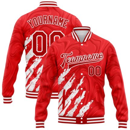 Personalized Red White 3D Pattern Design Bomber Full-Snap Varsity Letterman Jacket