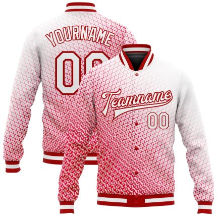 Personalized Red White 3D Pattern Design Bomber Full-Snap Varsity Letterman Jacket Team Custom Name and Number