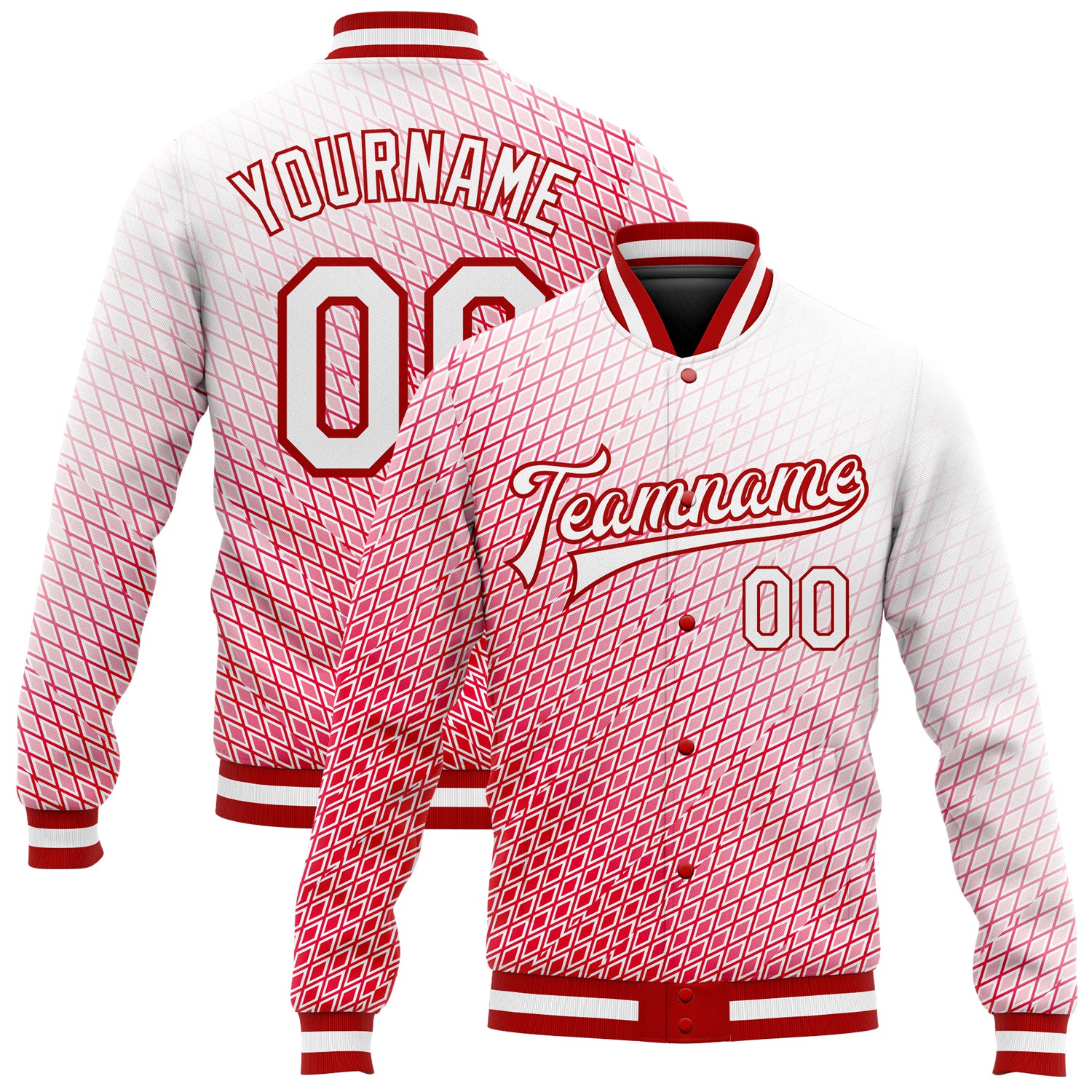 Personalized Red White 3D Pattern Design Bomber Full-Snap Varsity Letterman Jacket Team Custom Name and Number