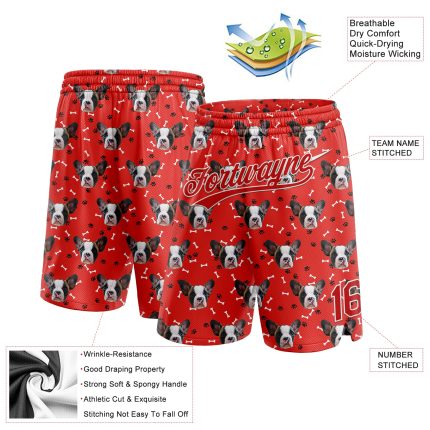 Personalized Red White 3D Pattern Design Dogs Authentic Basketball Shorts Team Custom Name and Number