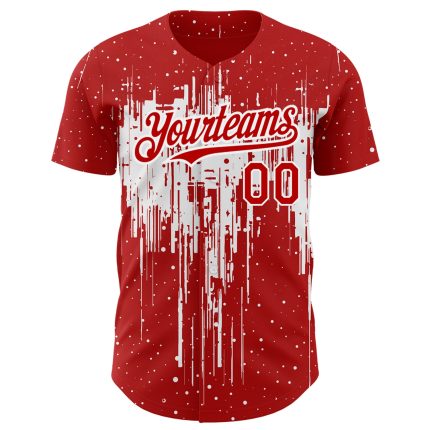 Personalized Red White 3D Pattern Design Dripping Splatter Art Authentic Baseball Jersey Team Custom Name and Number