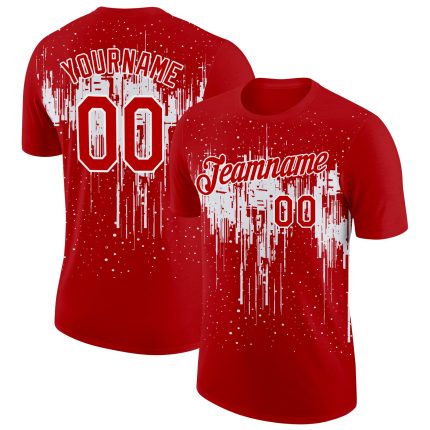 Personalized Red White 3D Pattern Design Dripping Splatter Art Performance T-Shirt Team Custom Name and Number