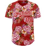 Personalized Red White 3D Pattern Design Northeast China Big Flower Authentic Baseball Jersey