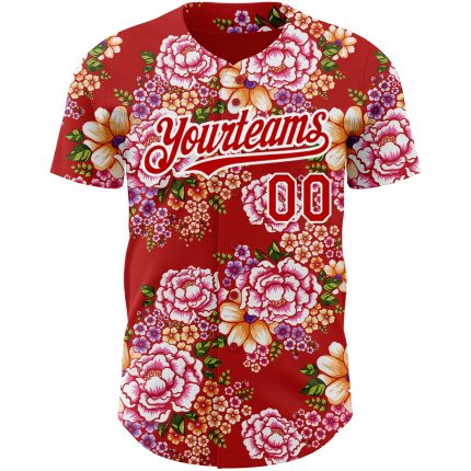 Personalized Red White 3D Pattern Design Northeast China Big Flower Authentic Baseball Jersey