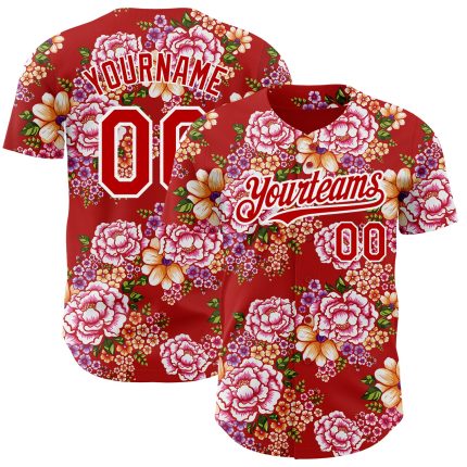 Personalized Red White 3D Pattern Design Northeast China Big Flower Authentic Baseball Jersey
