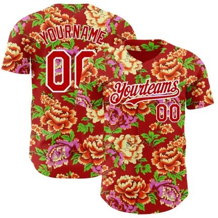 Personalized Red White 3D Pattern Design Northeast China Big Flower Authentic Baseball Jersey Team Custom Name and Number