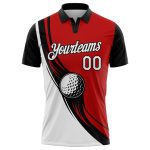 Personalized Red White-Black 3D Pattern Design Golf Ball Performance Golf Polo Shirt Team Custom Name and Number