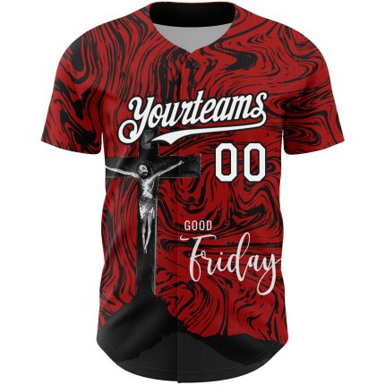 Personalized Red White-Black 3D Pattern Design Religion Cross Jesus Christ Good Friday Authentic Baseball Jersey Team Custom Name and Number