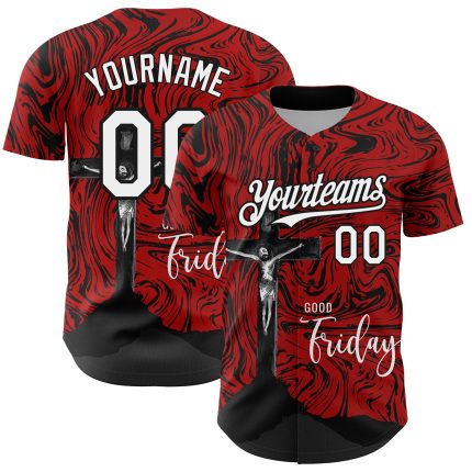 Personalized Red White-Black 3D Pattern Design Religion Cross Jesus Christ Good Friday Authentic Baseball Jersey Team Custom Name and Number