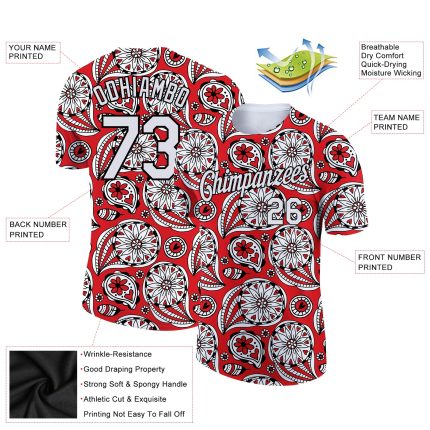 Personalized Red White-Black 3D Pattern Floral Design Performance T-Shirt Team Custom Name and Number