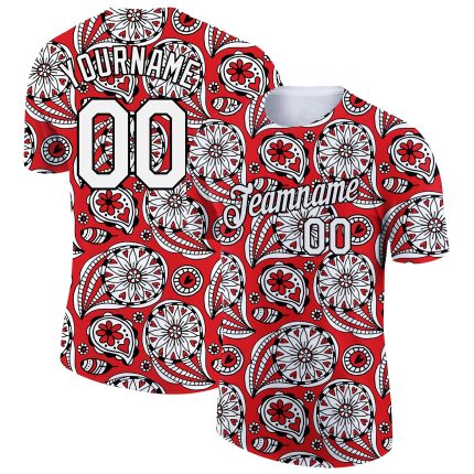 Personalized Red White-Black 3D Pattern Floral Design Performance T-Shirt Team Custom Name and Number