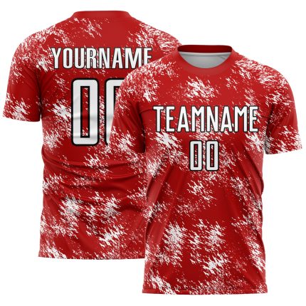 Personalized Red White-Black Abstract Grunge Art Sublimation Soccer Uniform Jersey Team Custom Name and Number