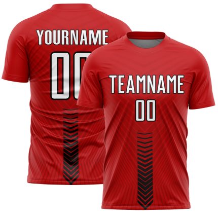 Personalized Red White-Black Arrow Shapes Sublimation Soccer Uniform Jersey Team Custom Name and Number