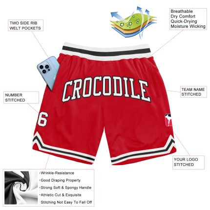 Personalized Red White-Black Authentic Throwback Basketball Shorts Team Custom Name and Number