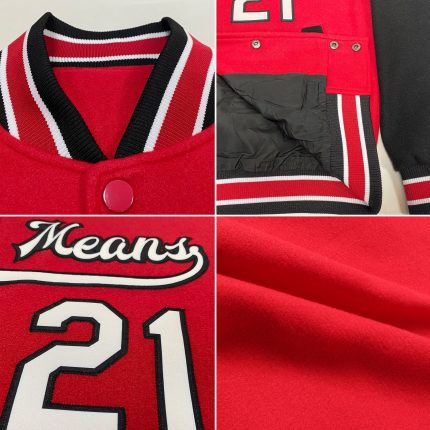 Personalized Red White-Black Bomber Full-Snap Varsity Letterman Two Tone Jacket Team Custom Name and Number