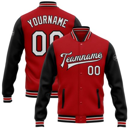 Personalized Red White-Black Bomber Full-Snap Varsity Letterman Two Tone Jacket Team Custom Name and Number