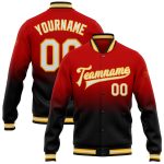 Personalized Red White Black-Gold Bomber Full-Snap Varsity Letterman Fade Fashion Jacket Team Custom Name and Number
