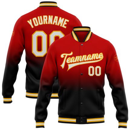 Personalized Red White Black-Gold Bomber Full-Snap Varsity Letterman Fade Fashion Jacket Team Custom Name and Number