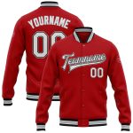 Personalized Red White Black-Gray Bomber Full-Snap Varsity Letterman Jacket Team Custom Name and Number
