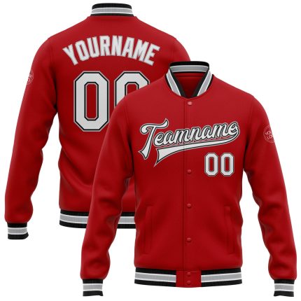 Personalized Red White Black-Gray Bomber Full-Snap Varsity Letterman Jacket Team Custom Name and Number