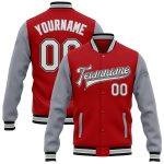 Personalized Red White Black-Gray Bomber Full-Snap Varsity Letterman Two Tone Jacket Team Custom Name and Number