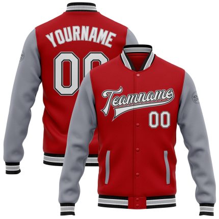 Personalized Red White Black-Gray Bomber Full-Snap Varsity Letterman Two Tone Jacket Team Custom Name and Number