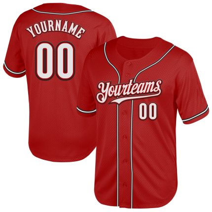 Personalized Red White-Black Mesh Authentic Throwback Baseball Jersey