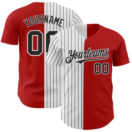 Personalized Red White-Black Pinstripe Authentic Split Fashion Baseball Jersey Team Custom Name and Number