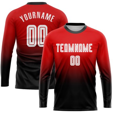 Personalized Red White-Black Sublimation Long Sleeve Fade Fashion Soccer Uniform Jersey Team Custom Name and Number