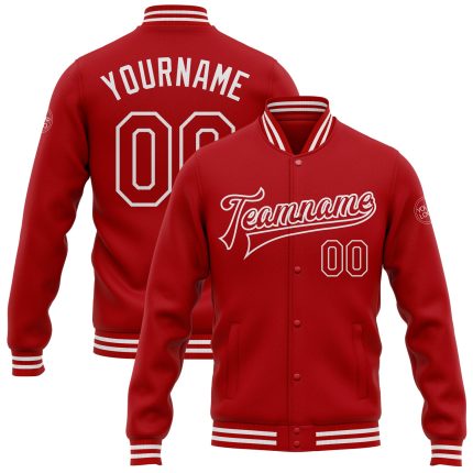 Personalized Red White Bomber Full-Snap Varsity Letterman Jacket
