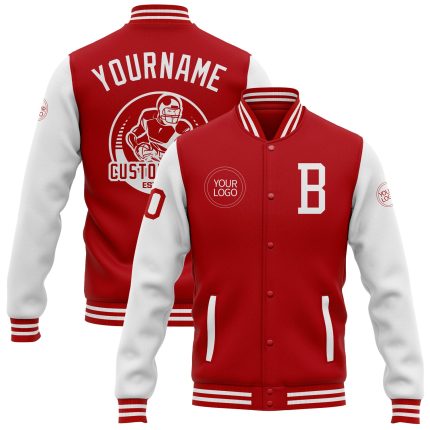 Personalized Red White Bomber Full-Snap Varsity Letterman Two Tone Jacket