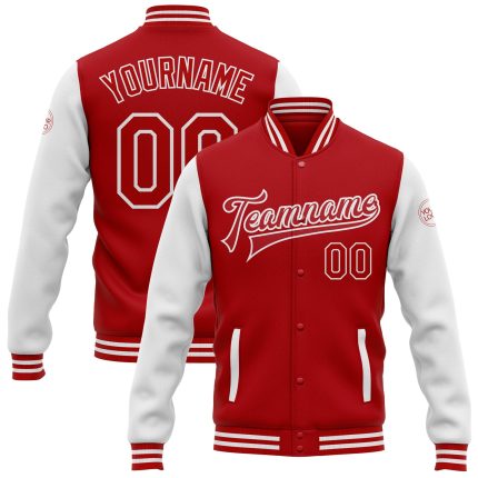 Personalized Red White Bomber Full-Snap Varsity Letterman Two Tone Jacket Team Custom Name and Number