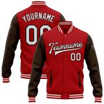 Personalized Red White-Brown Bomber Full-Snap Varsity Letterman Two Tone Jacket Team Custom Name and Number