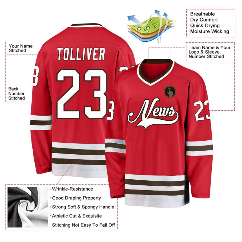 Personalized Red White-Brown Hockey Jersey Team Custom Name and Number