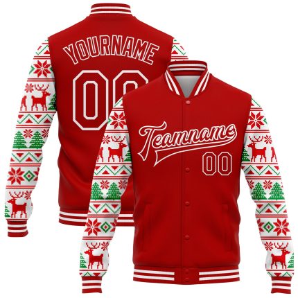 Personalized Red White Christmas 3D Bomber Full-Snap Varsity Letterman Jacket