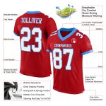 Custom red, white and electric blue mesh football jersey, back view