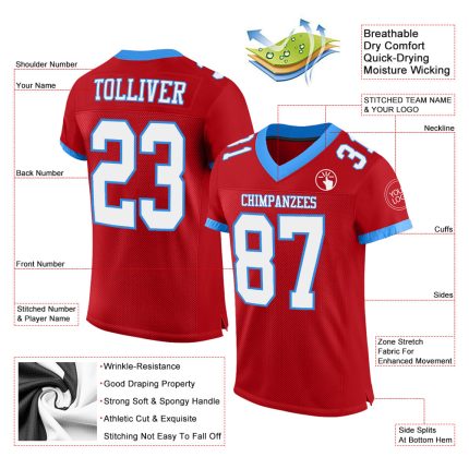 Personalized Red White-Electric Blue Mesh Authentic Football Jersey Team Custom Name and Number