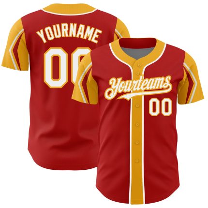 Personalized Red White-Gold 3 Colors Arm Shapes Authentic Baseball Jersey Team Custom Name and Number