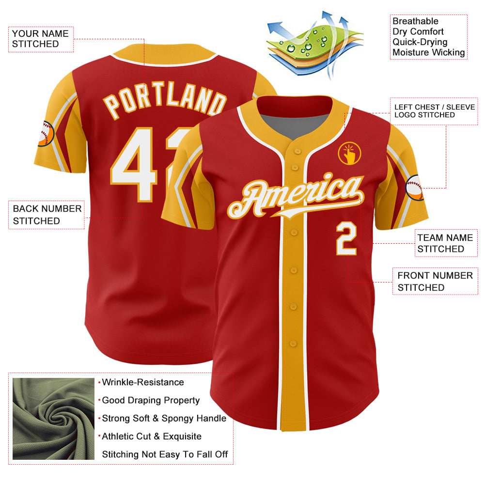 Personalized Red White-Gold 3 Colors Arm Shapes Authentic Baseball Jersey Team Custom Name and Number Personalized Red White-Gold 3 Colors Arm Shapes Authentic Baseball Jersey Team Custom Name and Number - Image 4