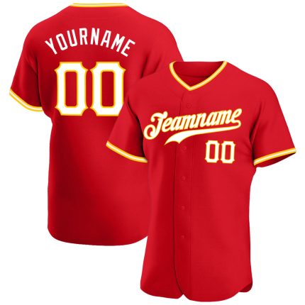 Personalized Red White-Gold Authentic Baseball Jersey