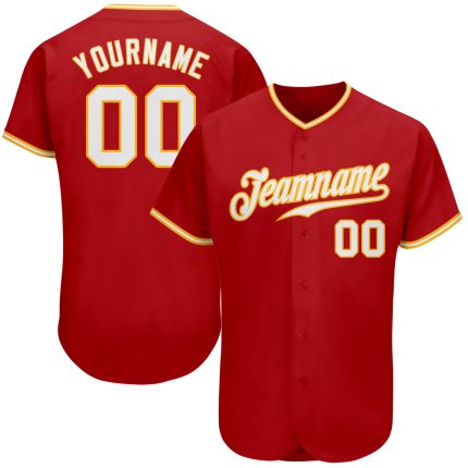Personalized Red White-Gold Authentic Baseball Jersey Team Custom Name and Number