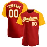 Personalized Red White-Gold Authentic Raglan Sleeves Baseball Jersey Team Custom Name and Number