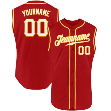 Personalized Red White-Gold Authentic Sleeveless Baseball Jersey Team Custom Name and Number