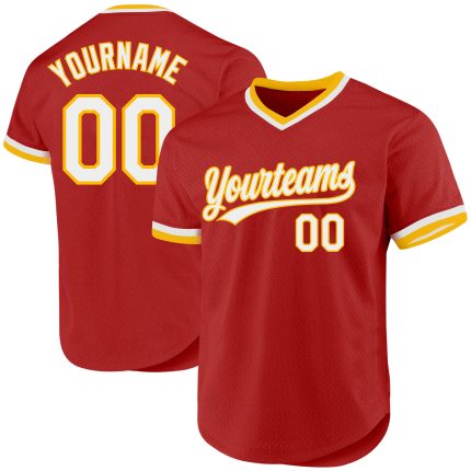 Personalized Red White-Gold Authentic Throwback Baseball Jersey