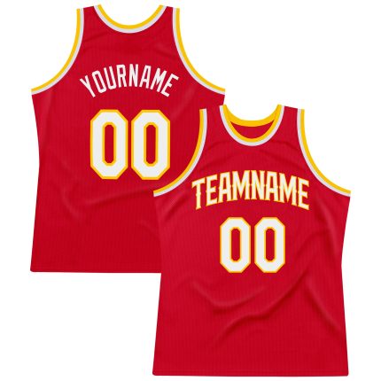 Personalized Red White-Gold Authentic Throwback Basketball Jersey
