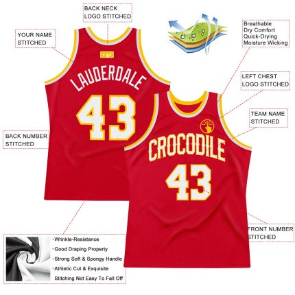 Personalized Red White-Gold Authentic Throwback Basketball Jersey