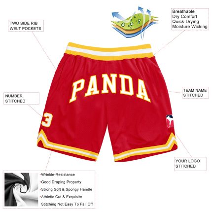 Personalized Red White-Gold Authentic Throwback Basketball Shorts Team Custom Name and Number