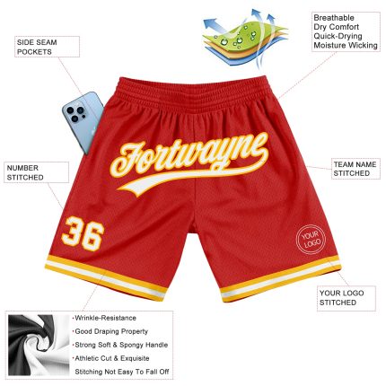 Personalized Red White-Gold Authentic Throwback Basketball Shorts