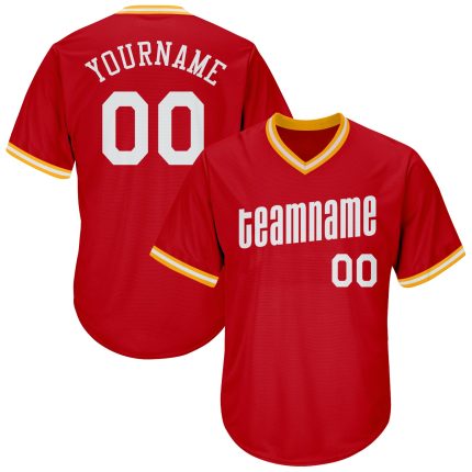 Personalized Red White-Gold Authentic Throwback Rib-Knit Baseball Jersey Shirt